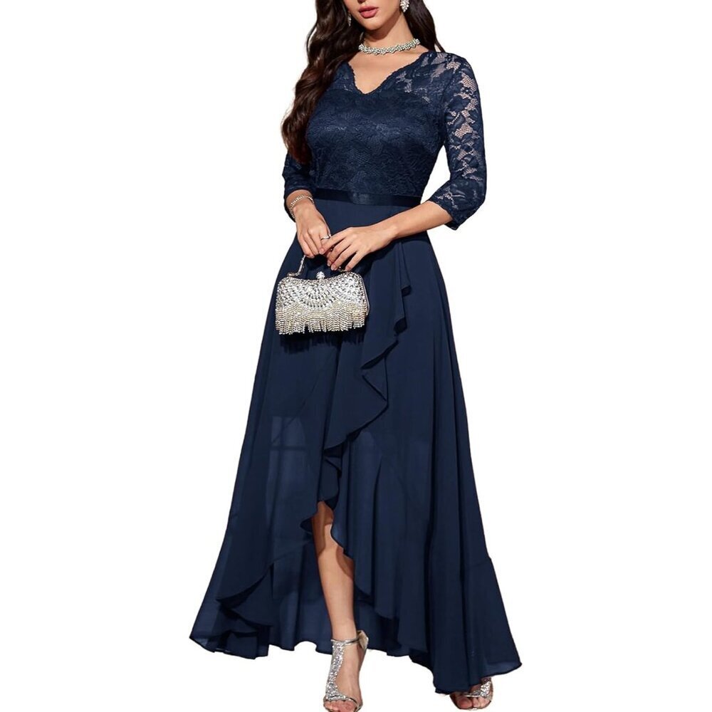 Women's Navy V-Neck  Hi-Lo Floral Lace Prom Cocktail Party Formal Dress
